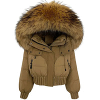 Thumbnail for Tan winter jacket with a large fur hood on a white background