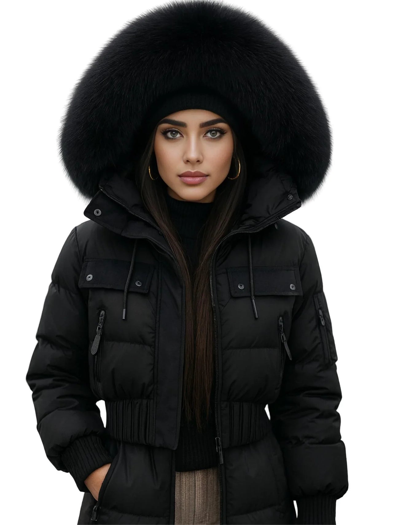 Woman wearing a Black puffer jacket with large fur hood on a white background