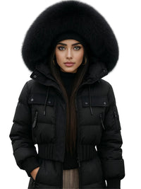 Thumbnail for Woman wearing a Black puffer jacket with large fur hood on a white background