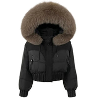 Thumbnail for Black puffer jacket with large fur hood on a white background