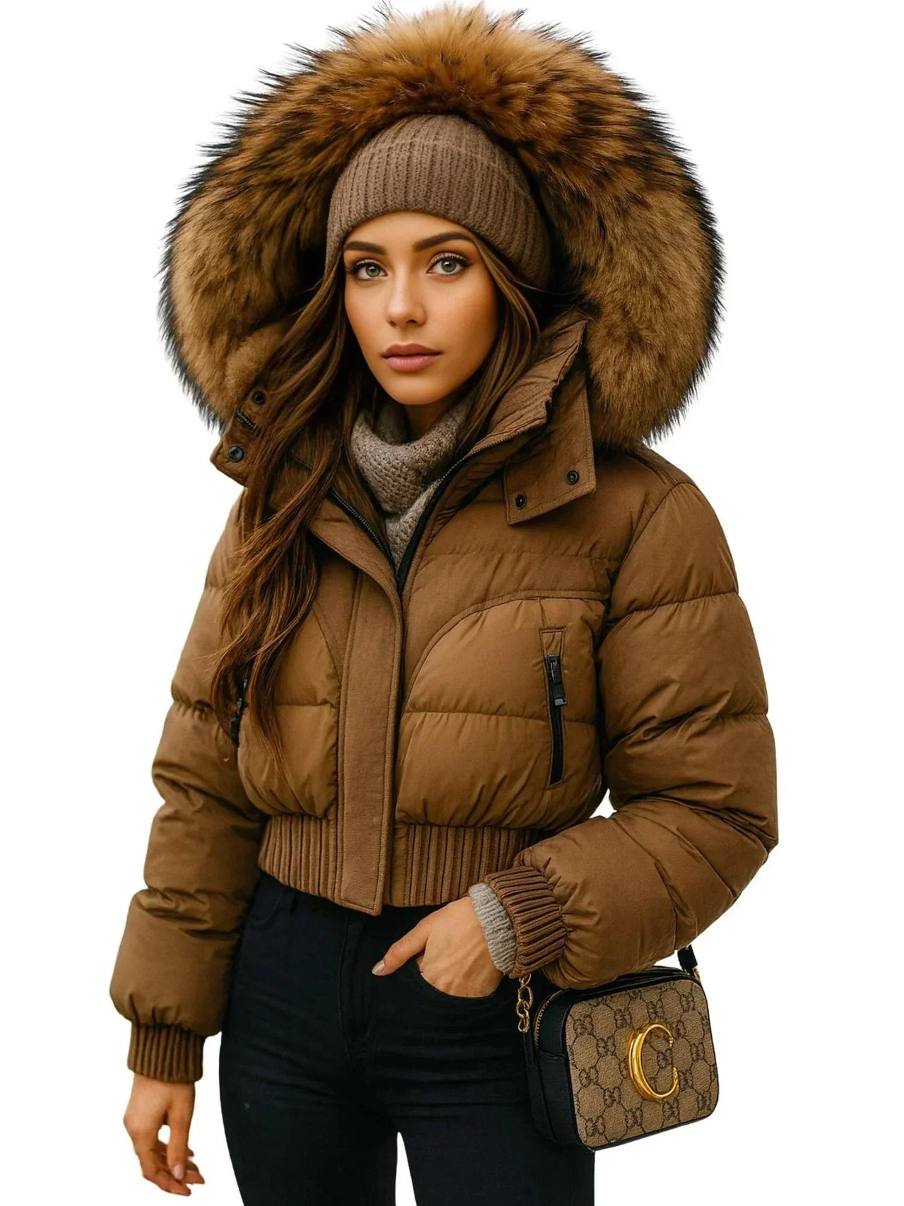 Woman wearing a brown puffer jacket with a fur hood, holding a Gucci handbag on a white background