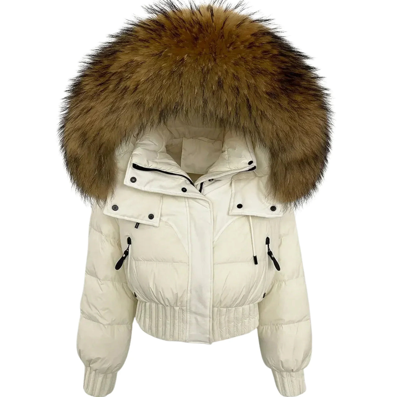 White puffer jacket with a large fur hood on a white background