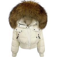 Thumbnail for White puffer jacket with a large fur hood on a white background