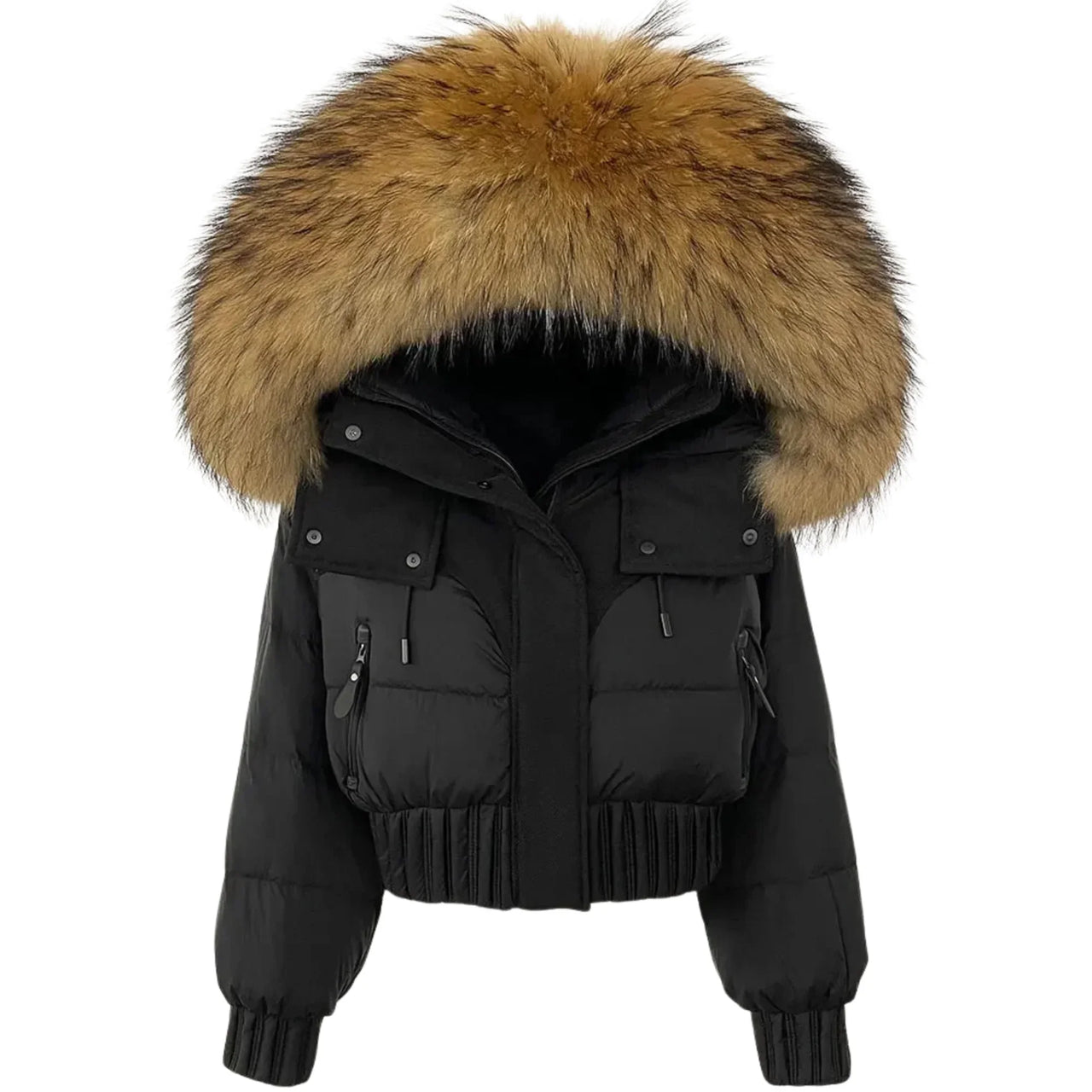 Black puffer jacket with a large fur hood on a white background