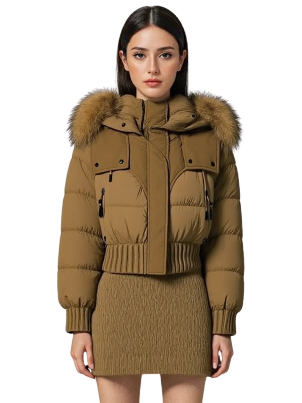 Woman wearing a brown puffer jacket with fur hood on a white background