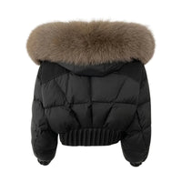Thumbnail for Black puffer jacket with fur-lined hood on a white background