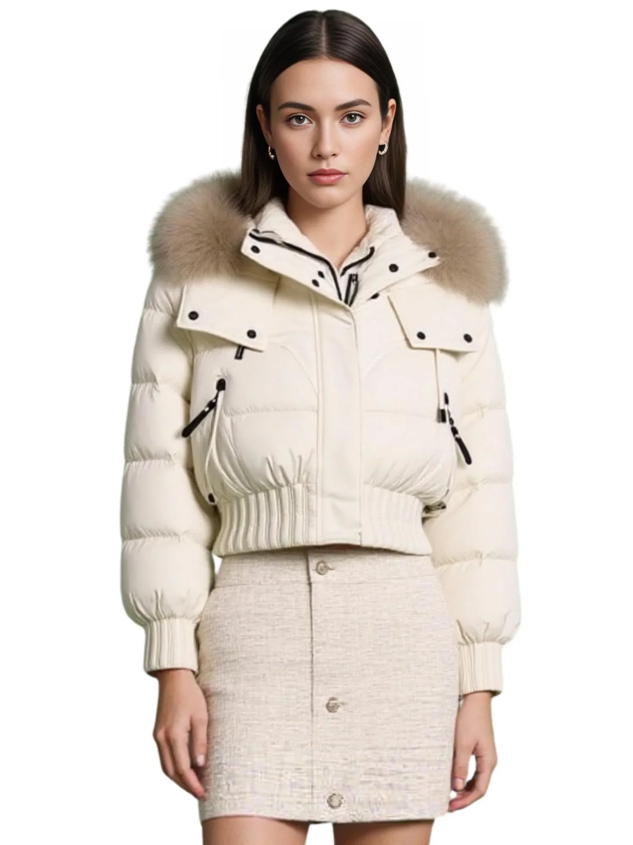 Woman wearing a white puffer jacket with fur hood on a white background