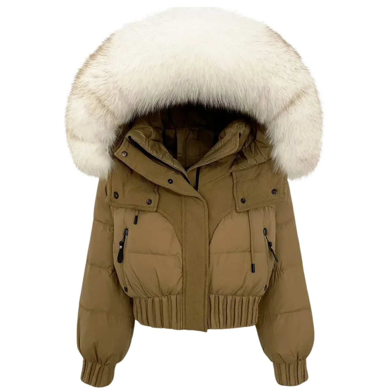 Beige winter jacket with a large fur hood on a white background