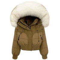 Thumbnail for Beige winter jacket with a large fur hood on a white background