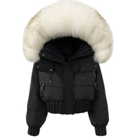 Thumbnail for Black puffer jacket with a large fur hood on a white background