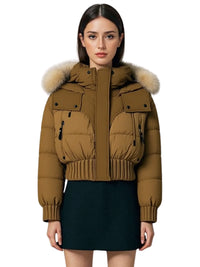Thumbnail for Woman wearing a brown puffer jacket with fur trim on a white background