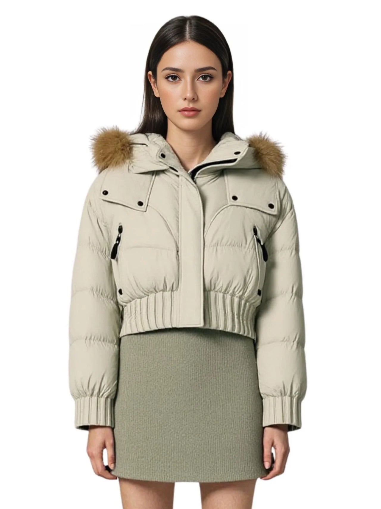 Woman wearing a beige puffer jacket with fur hood on a white background
