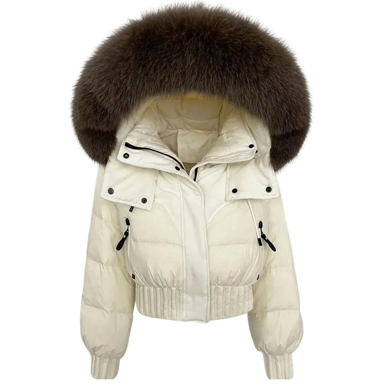 White puffer jacket with a large fur hood on a white background