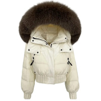 Thumbnail for White puffer jacket with a large fur hood on a white background