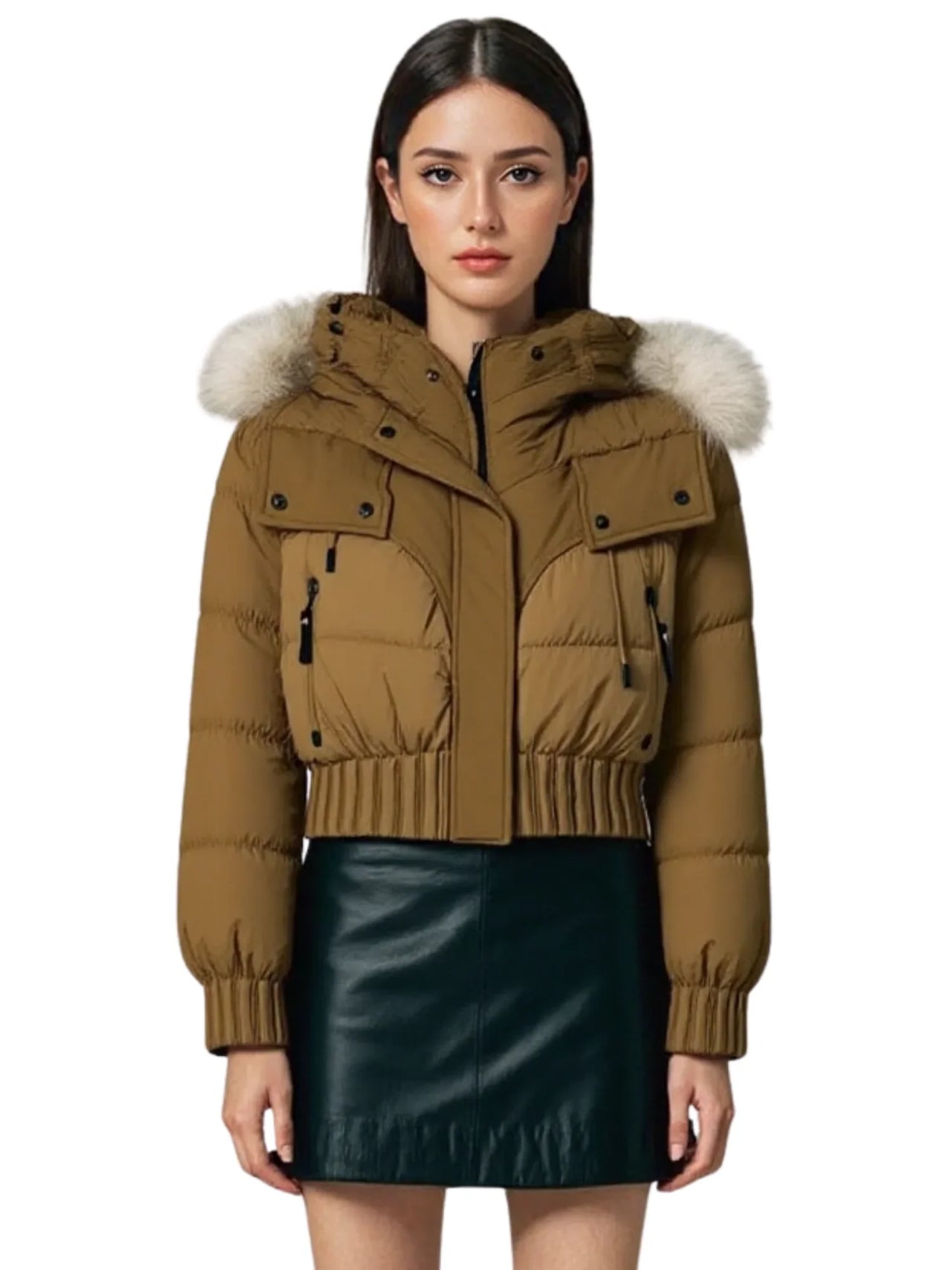 Woman wearing a brown puffer jacket with white fur trim on a white background
