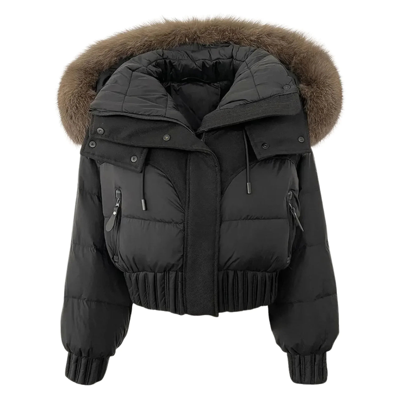 Black puffer jacket with fur-lined hood on a white background