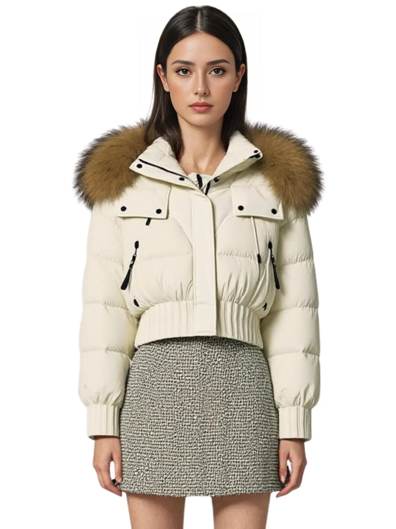 Woman wearing a cream puffer jacket with a fur-lined hood on a white background