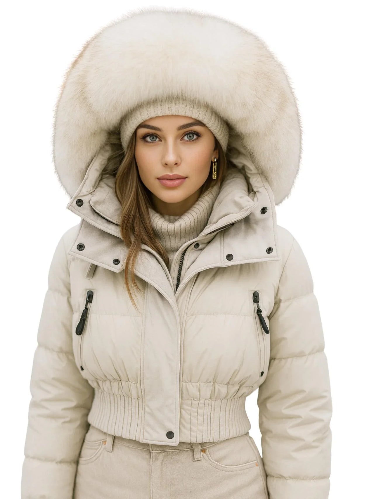 Woman wearing a beige winter coat with a large fur-lined hood on a white background