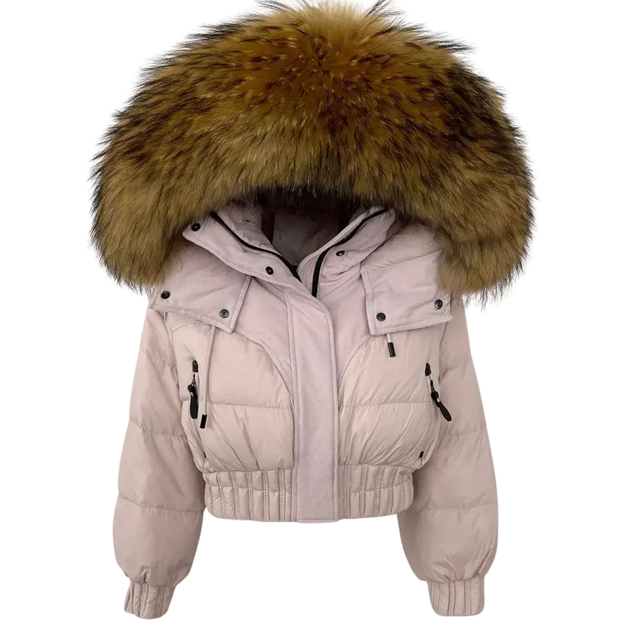 Pink puffer jacket with a large fur hood on a white background