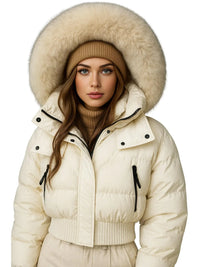 Thumbnail for Women's Short Fur Collar Jacket Hooded White Duck Down Coat, Drestiny, Coats, Jackets, S, M, United States, USA, Canada, Australia, New Zealand, United Kingdom, UK, Beige, white, brown, Black, pink, grey, Cropped fur trim jacket, shopdrestiny.com