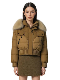Thumbnail for Woman wearing a brown puffer jacket with fur trim on a white background