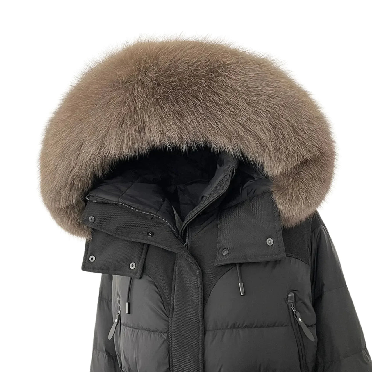 Black winter coat with a large fur hood on a white background