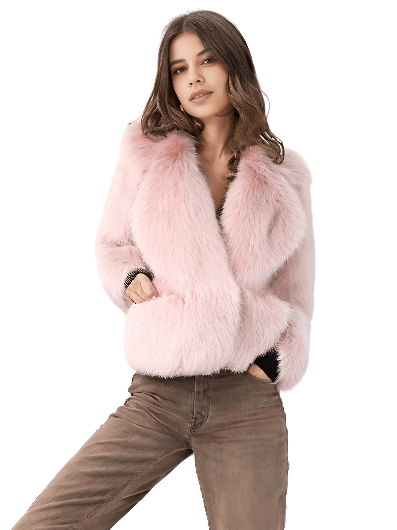 Women's Short Pink Faux Fur Coat With Big Collar and Pockets Fluffy Jacket For Women, Drestiny, pink faux fur jacket women short, short pink faux fur coat for winter, affordable pink faux fur coat short, women's short pink faux fur coat UK,  pink faux fur jacket short winter, Coats, Long Sleeves, United States, USA, Canada, Australia, New Zealand, United Kingdom, XS, S, M, L, Pink, Sky Blue, White, Black, shopdrestiny.com