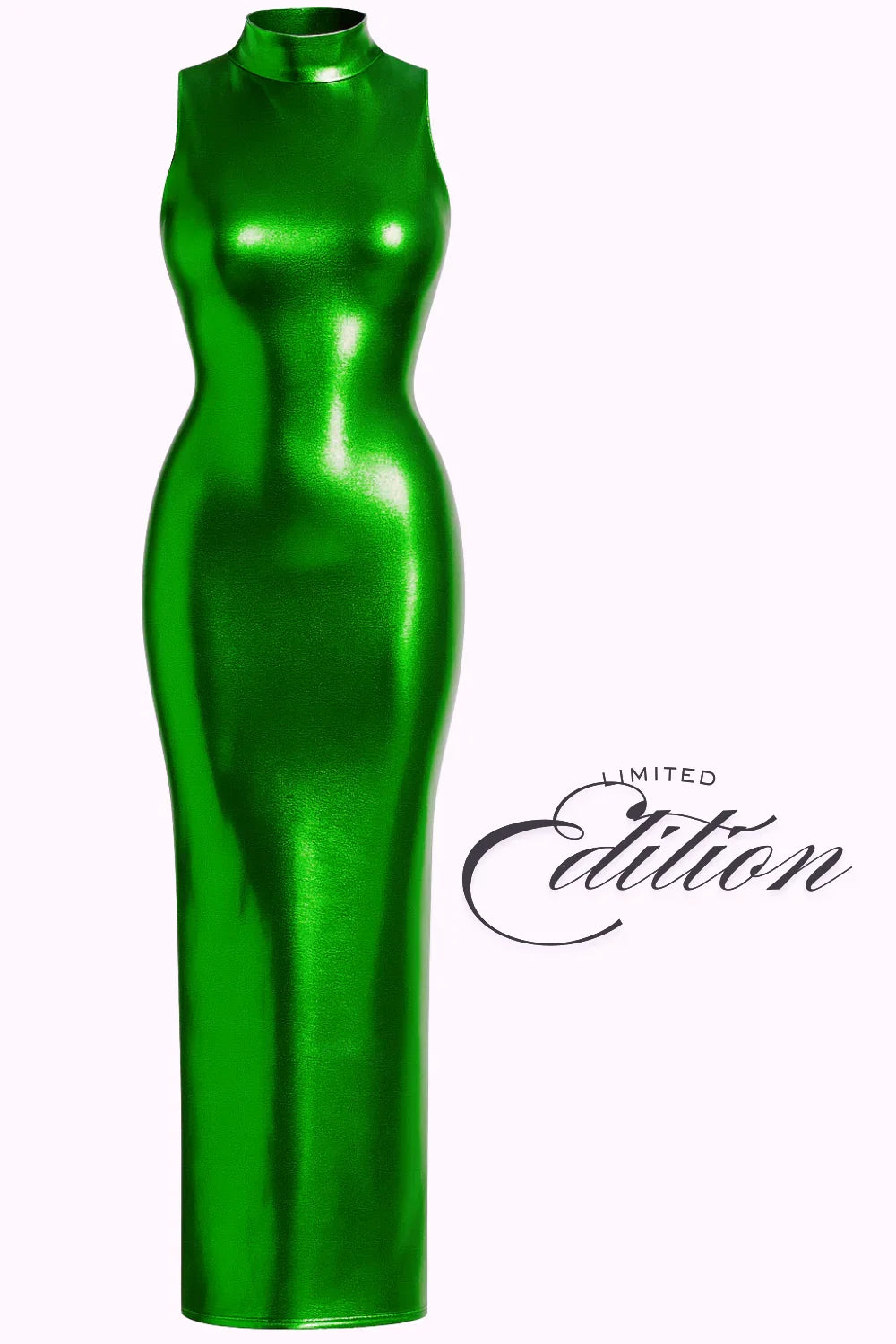Green metallic dress with 'Limited Edition' text on a white background
