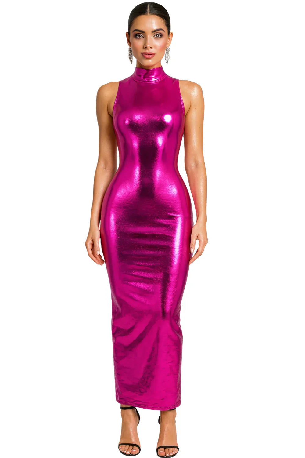 Woman wearing a shiny pink dress on a white background