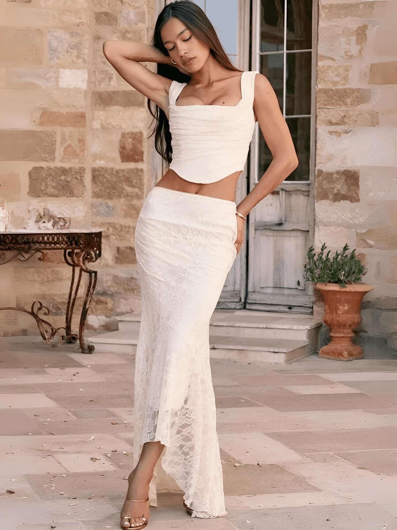 Women's Summer 2-Piece Set Women's Outfits Elegant Formal Events Wedding Guest Dresses Sexy Cropped Top and Skirt, Drestiny, Skirt Sets, Sets, Skirts, Casual Shirts, Dress Shirts, Maxi Skirt, Sleeveless, Crop Tops, Corsets, Beige, Antique White, XS, S, M, L, United States, USA, Canada, Australia, New Zealand, United Kingdom, UK, women's summer casual 2-piece set, women's summer vacation 2-piece set, women's summer matching set, women's summer crop top and skirt set, shopdrestiny.com