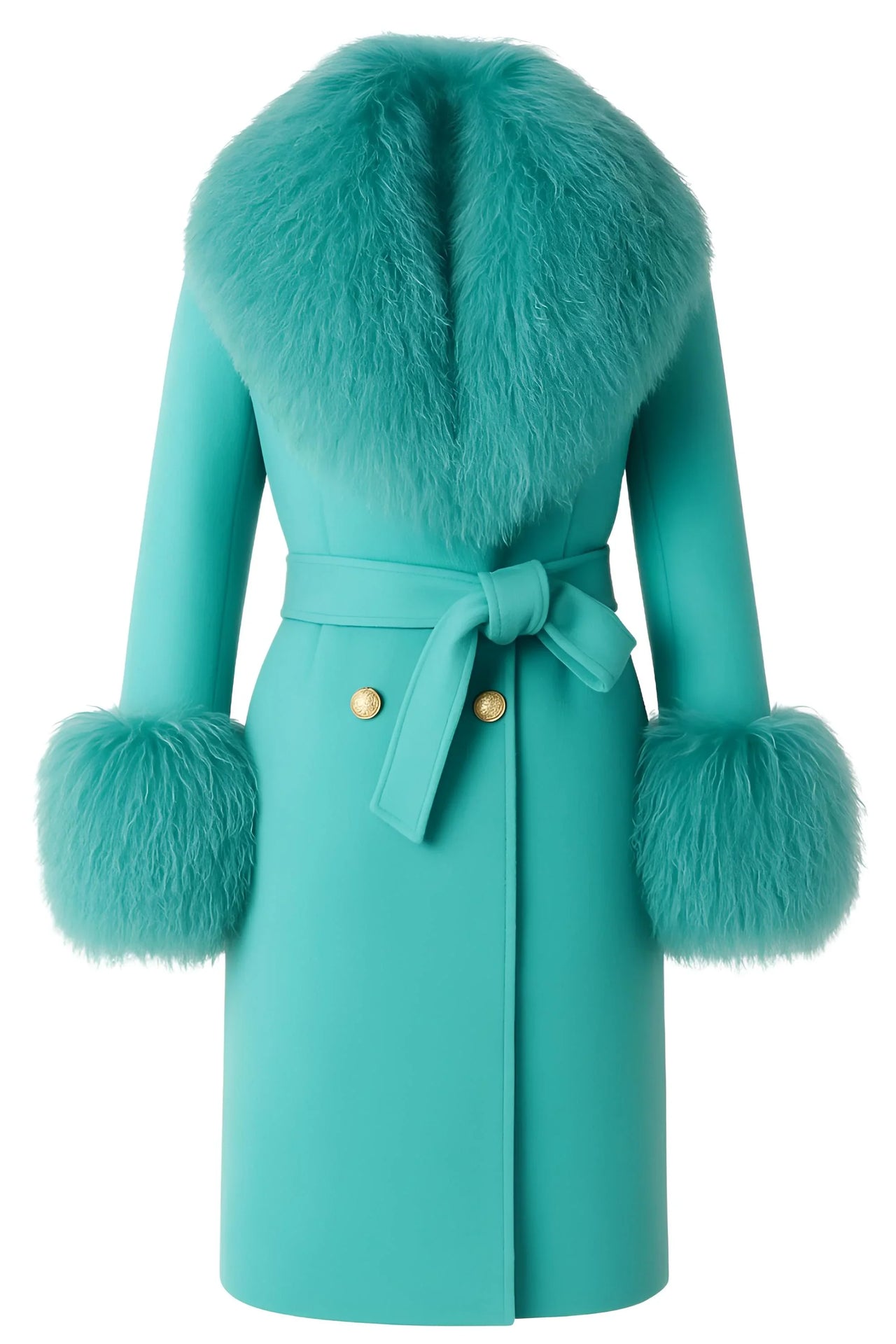 Teal wool coat with fur accents on a white background