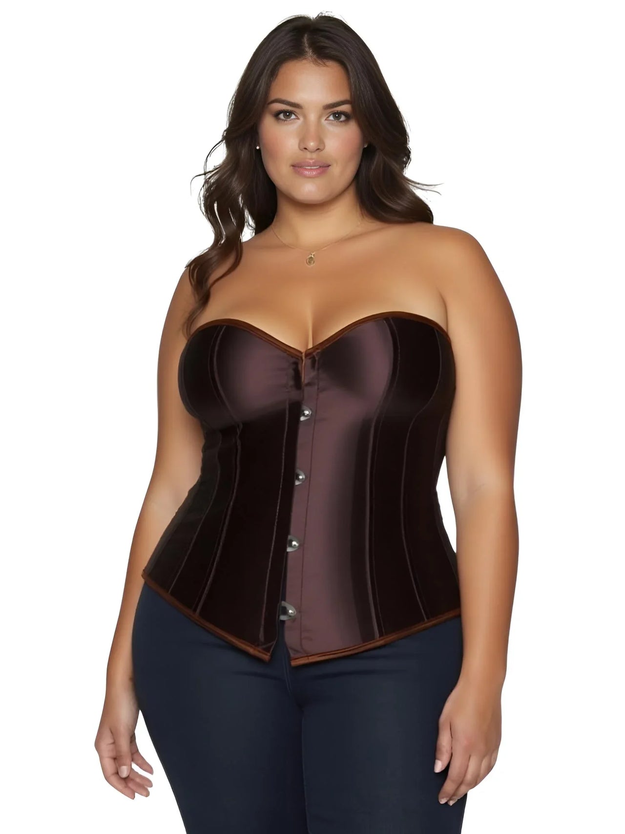 Plus size Woman wearing a brown corset on a white background