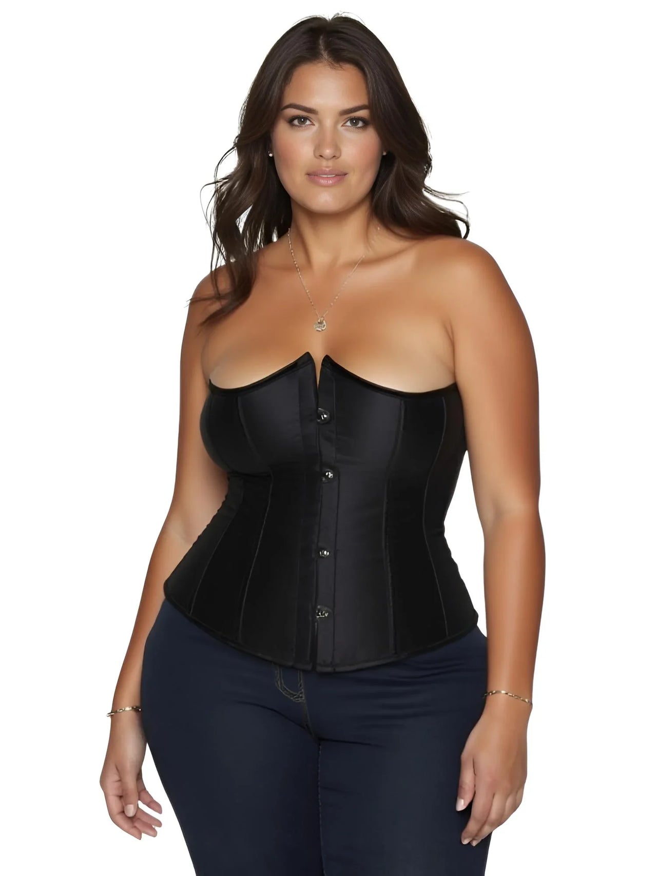 Woman wearing a black corset on a white background