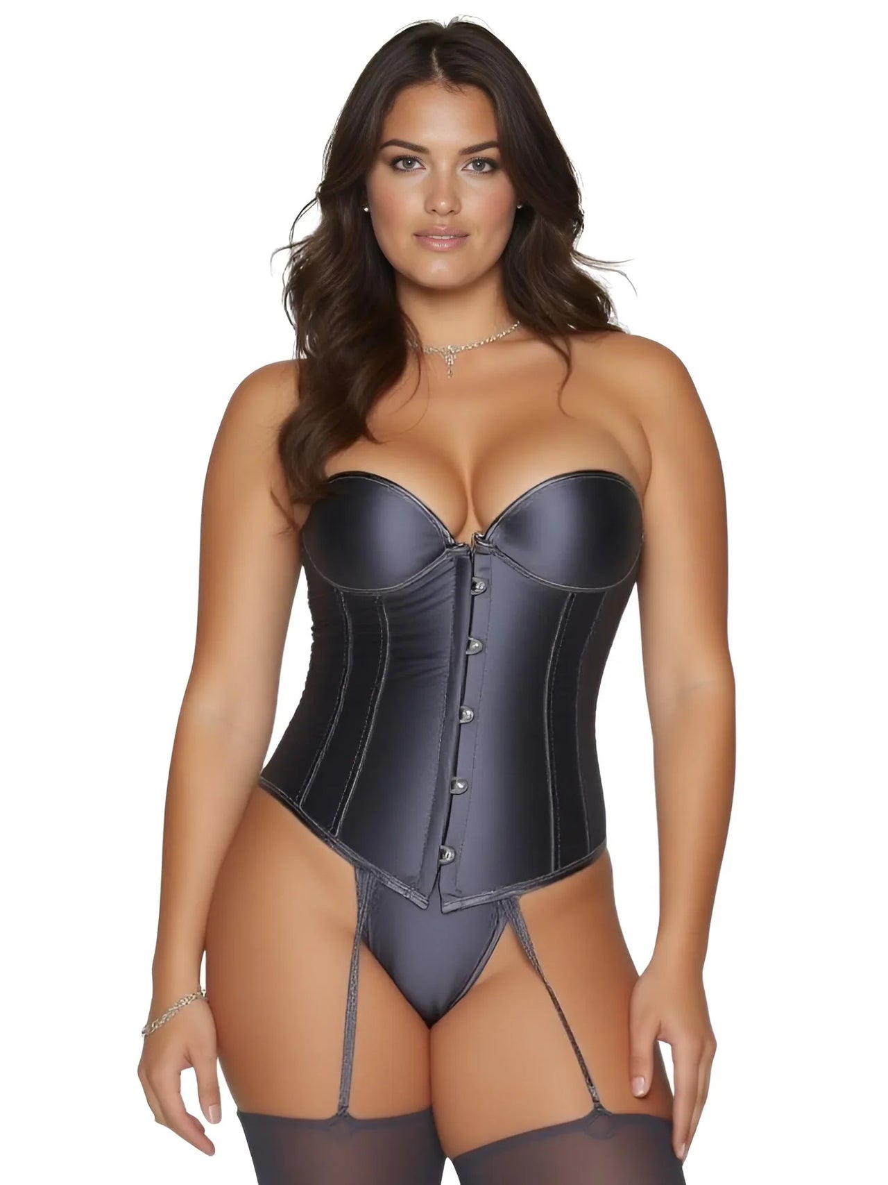 Woman wearing a gray corset on a white background