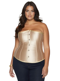 Thumbnail for Woman wearing a khaki strapless corset on a white background