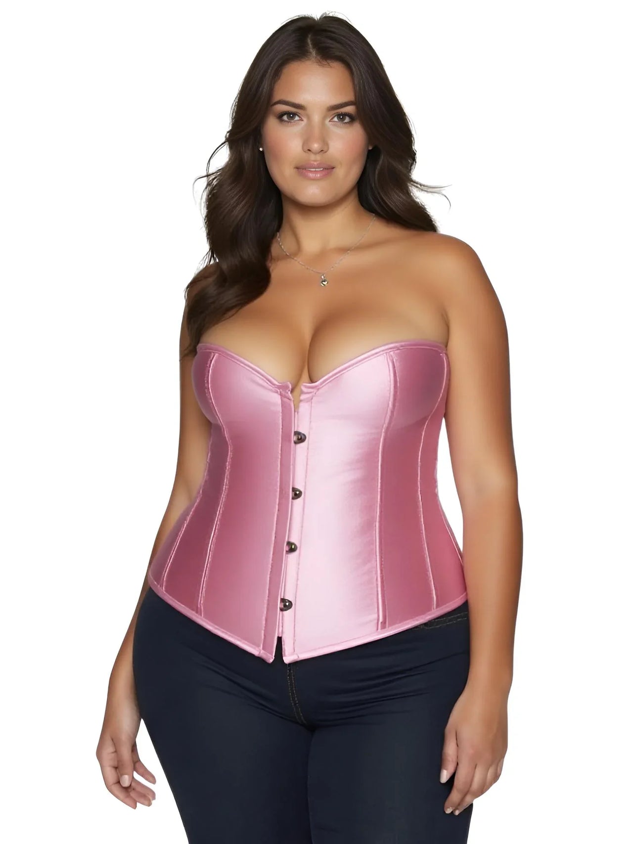 Woman wearing a pink corset on a white background