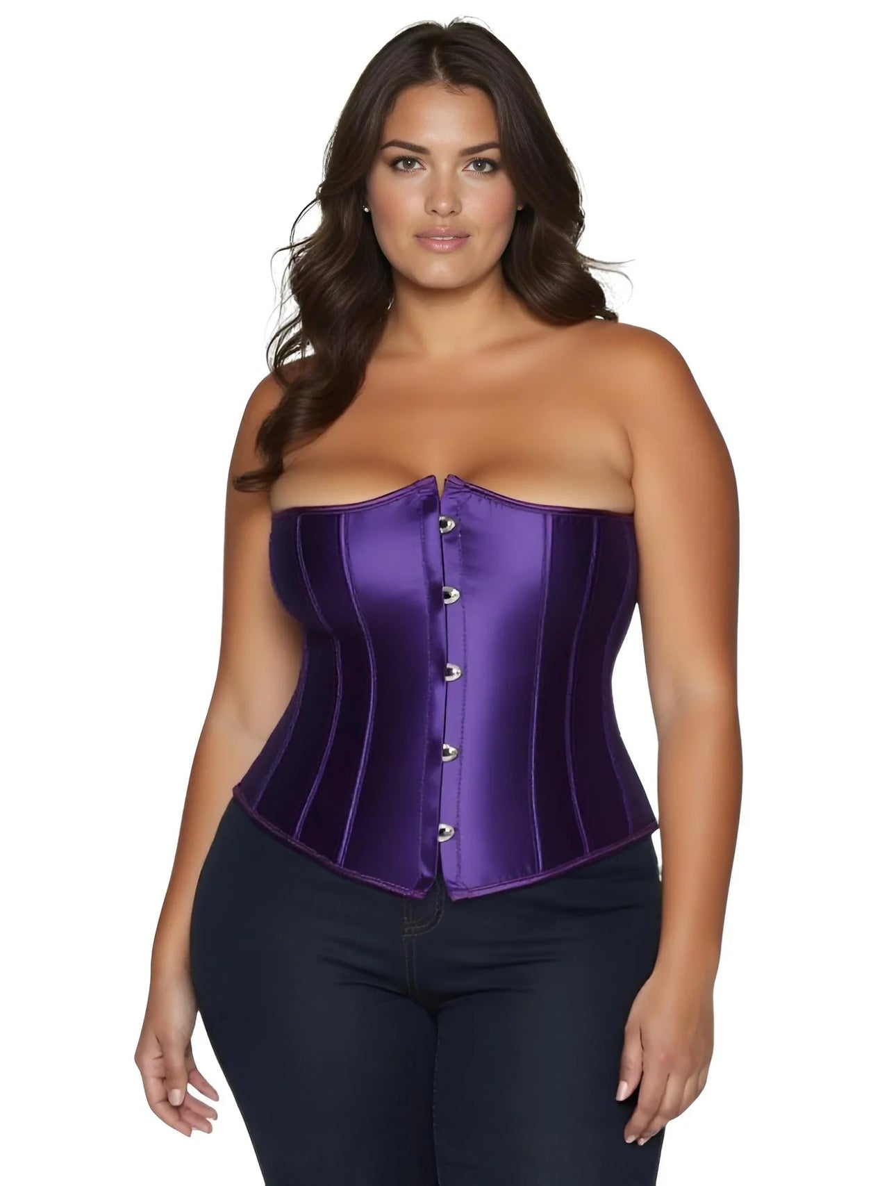 Plus size woman wearing a dark purple corset on a white background