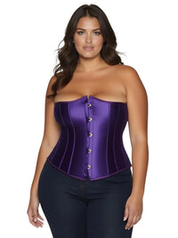 Thumbnail for Plus size woman wearing a dark purple corset on a white background