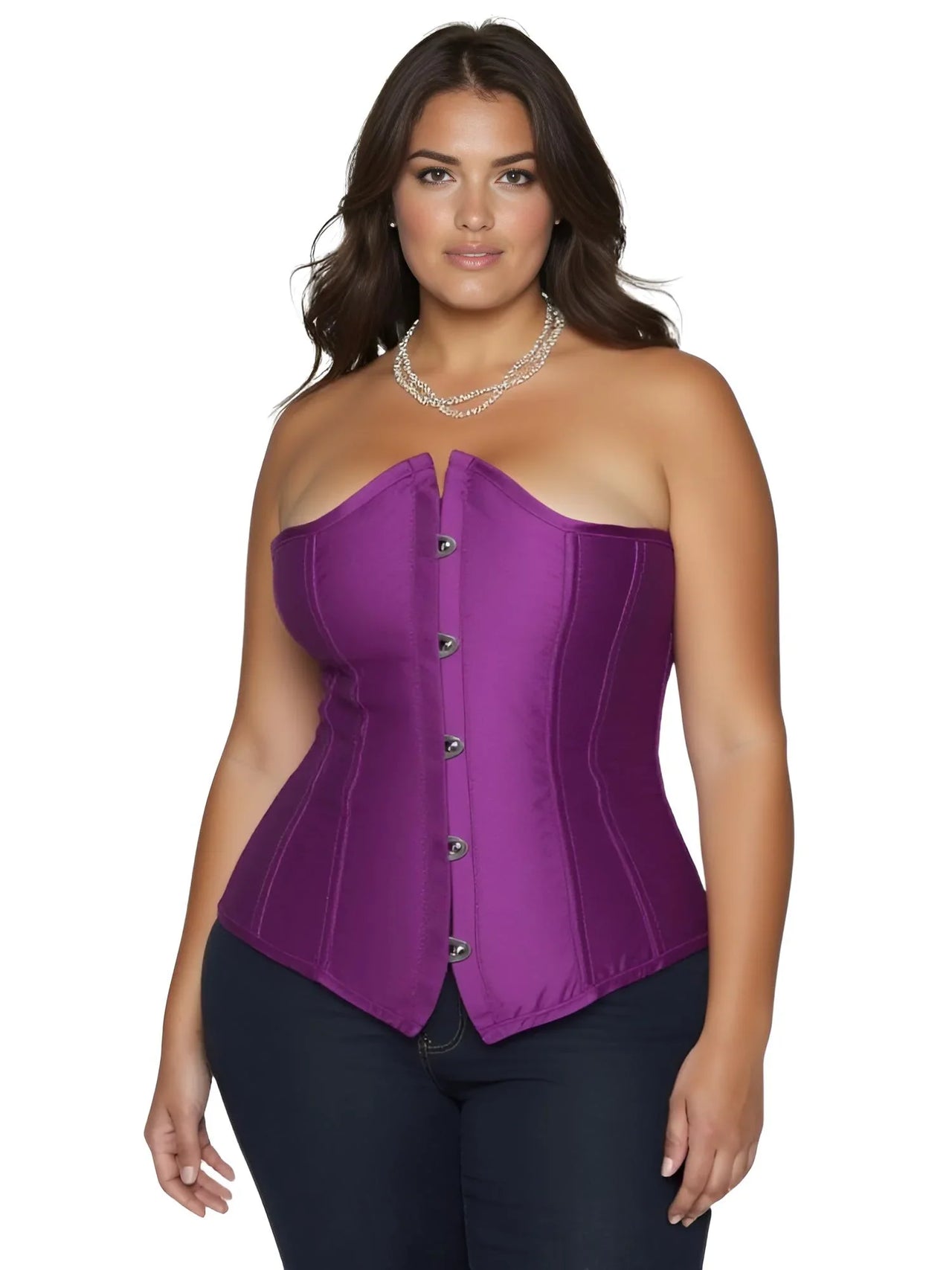 Plus size woman wearing a purple corset on a white background