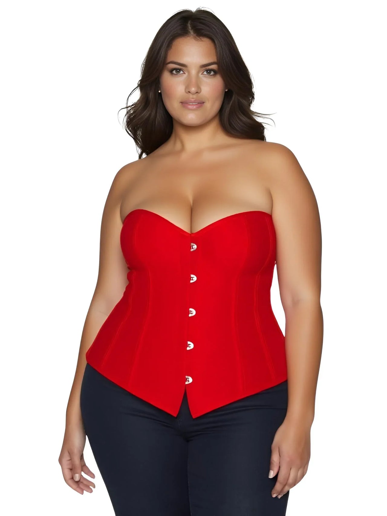 Plus size woman wearing a red strapless corset top on a white background