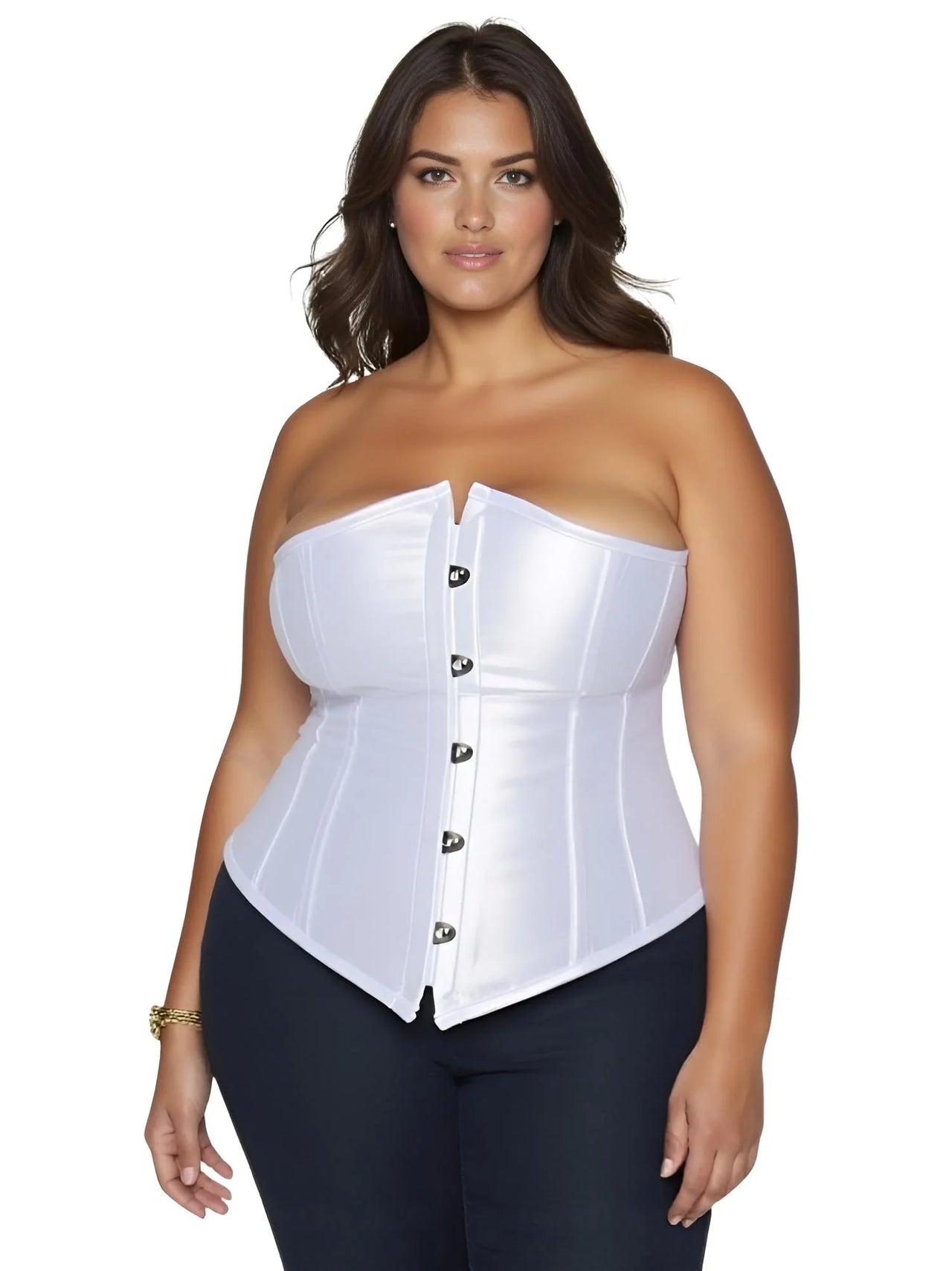 Woman wearing a white corset over black pants on a white background