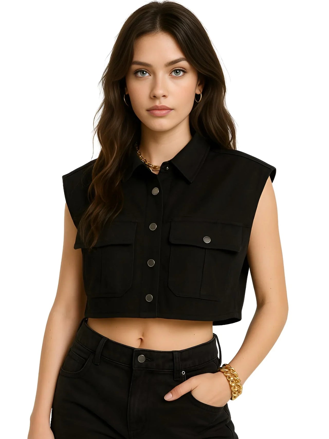 Woman wearing a black sleeveless vest on a white background