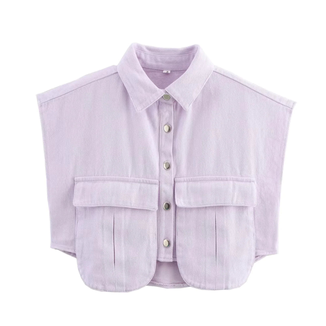 Lavender shirt with button details on a white background