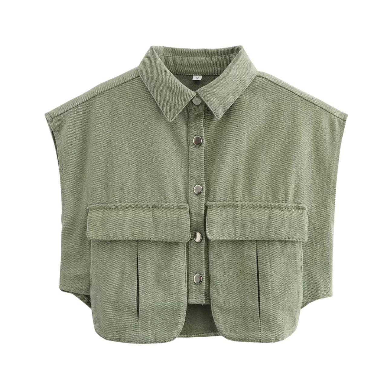 Green sleeveless top with button details on a white background