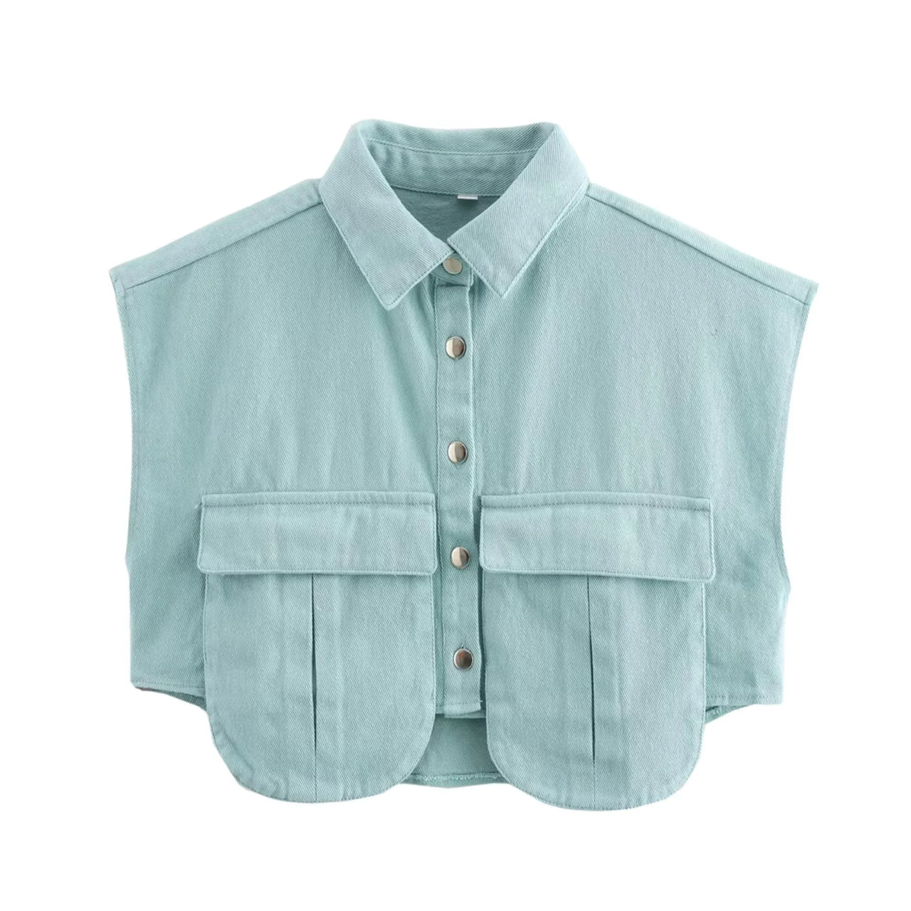 Light blue sleeveless crop top with button details on a white background