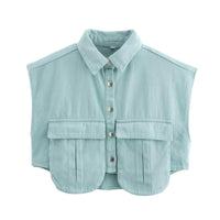 Thumbnail for Light blue sleeveless crop top with button details on a white background