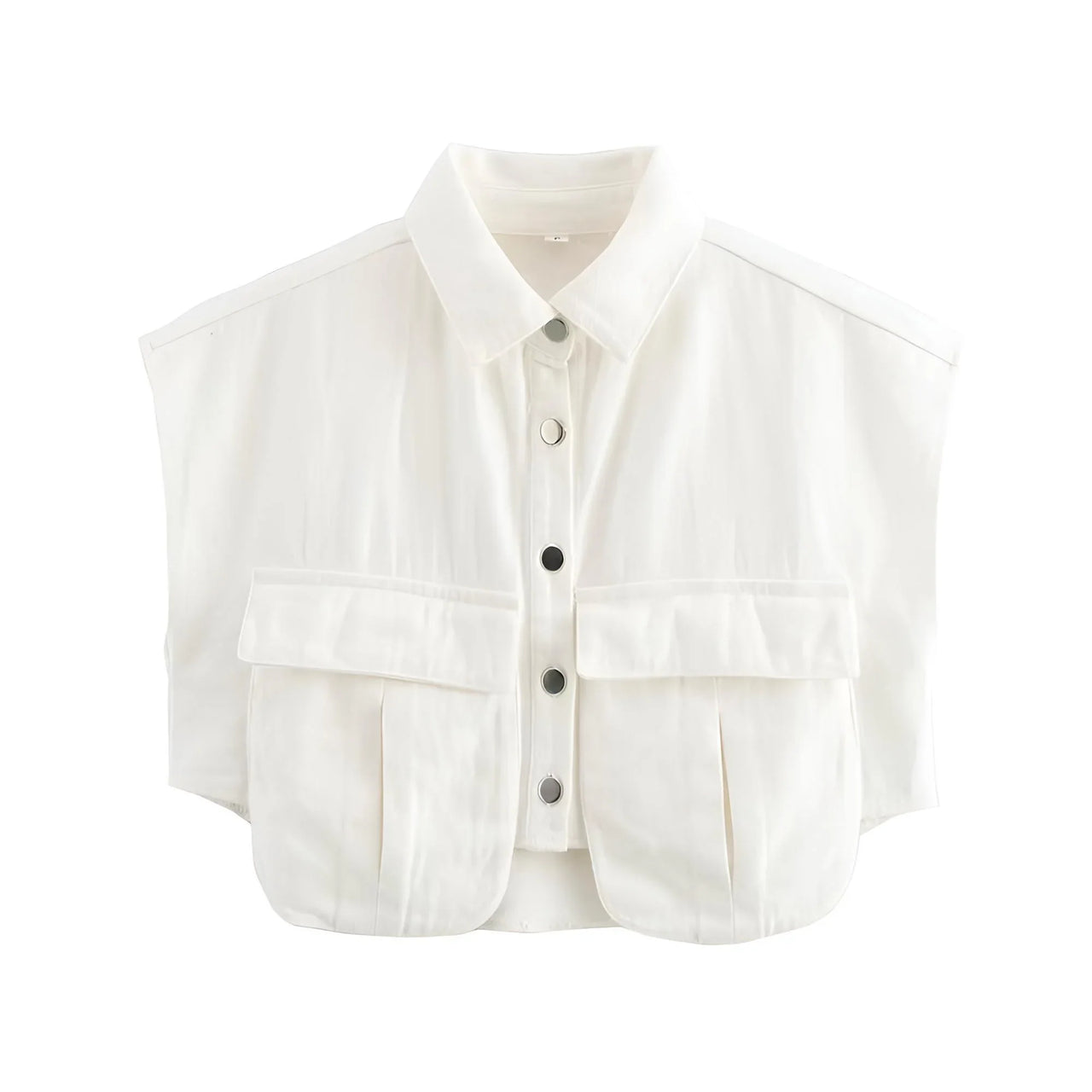 White sleeveless blouse with buttons on a white background