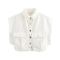 Thumbnail for White sleeveless blouse with buttons on a white background