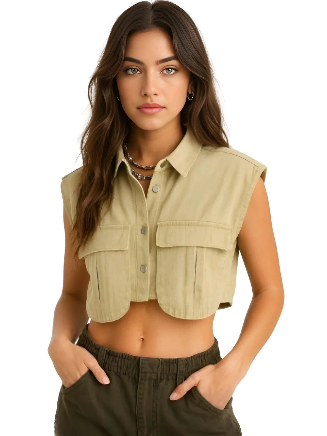 Woman wearing a beige sleeveless jacket on a white background