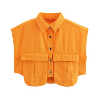 Thumbnail for Orange sleeveless cargo top with button details on a white background